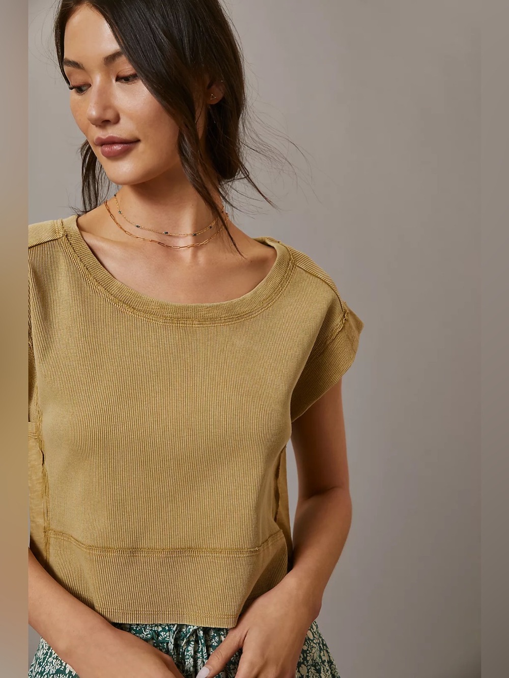 Anthropologie Pilcro Cut-Off Sweatshirt Top Moss Boxy Distressed Boho Oversized